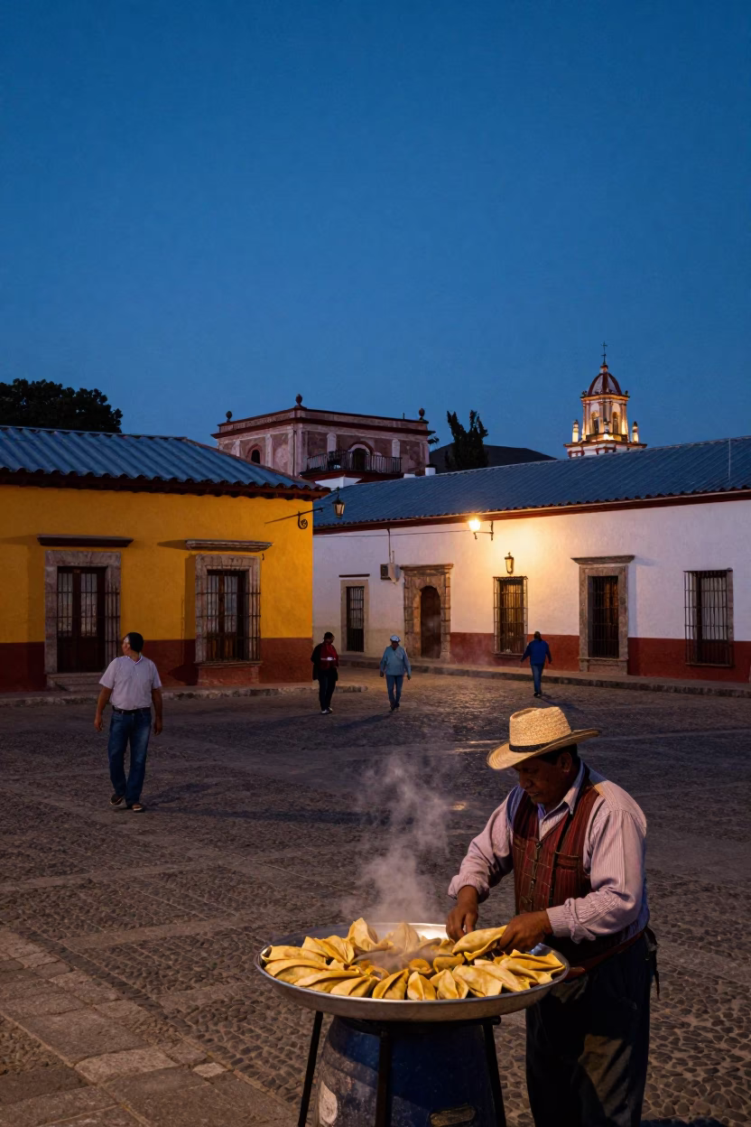 Twilight Street Scene in Oaxaca Mexico with Traditional Architecture and Local Life in in Oaxaca, Mexico