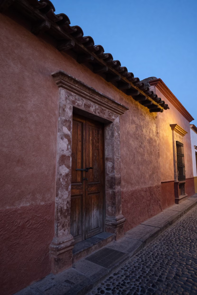 Twilight Street Scene in Oaxaca Mexico with Traditional Door and Local Life in in Oaxaca, Mexico