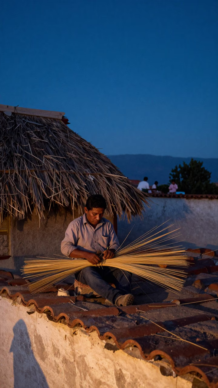 Twilight street scene in Oaxaca Mexico with traditional thatching and rustic wooden stools in in Oaxaca, Mexico