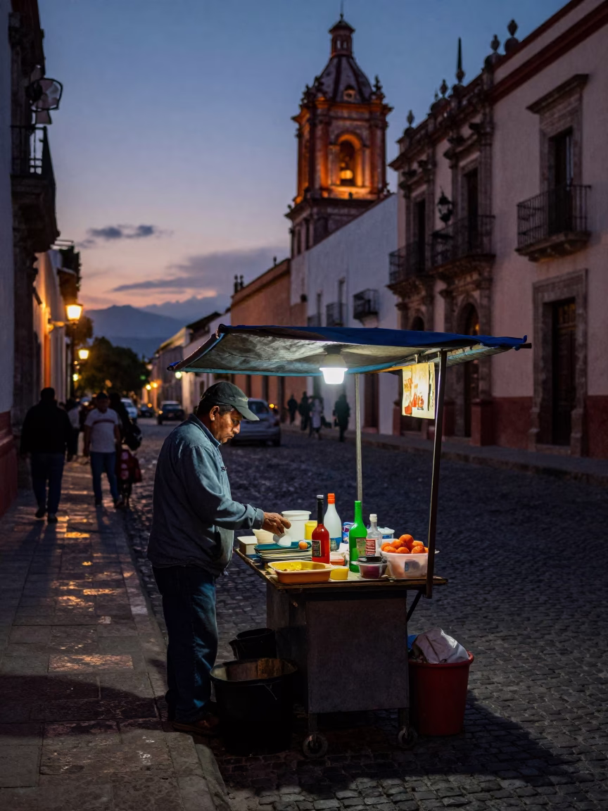 Twilight Street Scene in Oaxaca Mexico with Vendor and Soap Bottle in in Oaxaca, Mexico