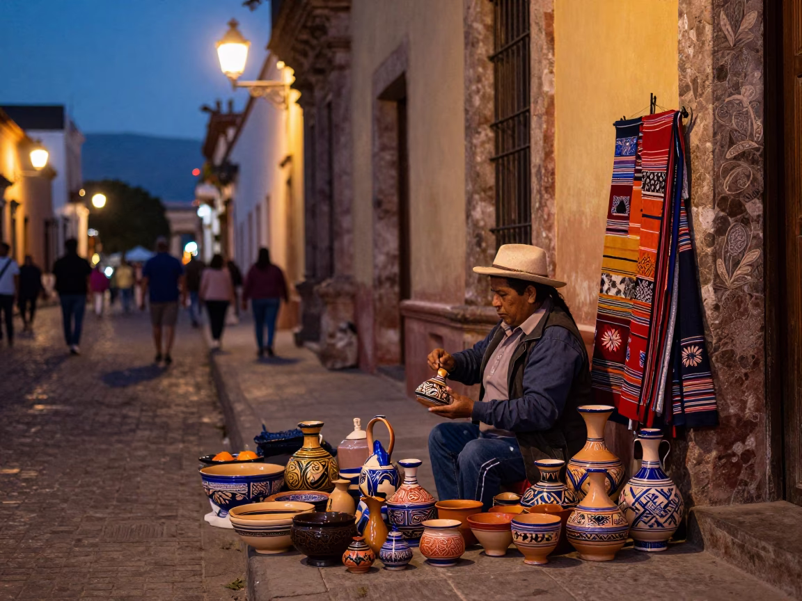 Twilight Street Scene in Oaxaca Mexico with Vendor and Traditional Items in in Oaxaca, Mexico