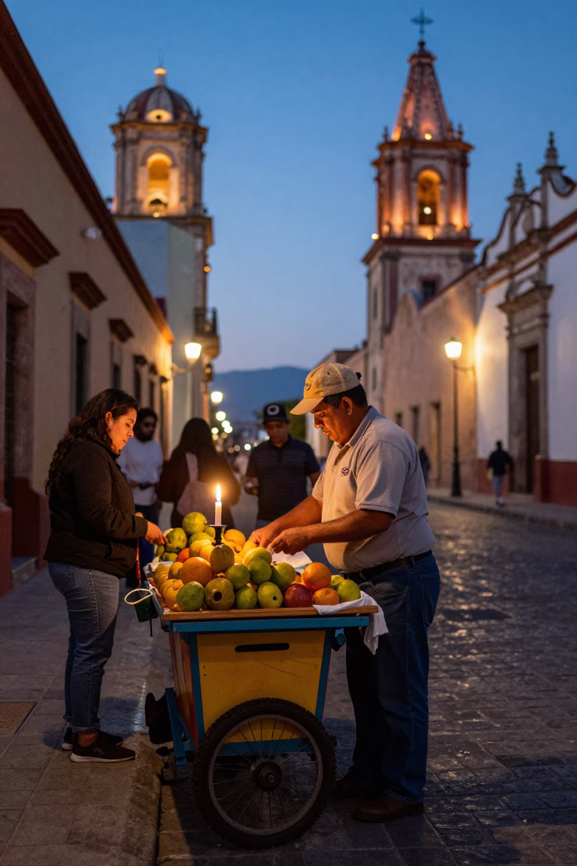 Twilight street scene in Oaxaca Mexico with vendor and warm lights in in Oaxaca, Mexico