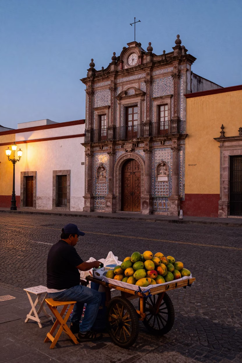 Twilight Street Scene in Oaxaca Mexico with Vendors and Folding Stools in in Oaxaca, Mexico