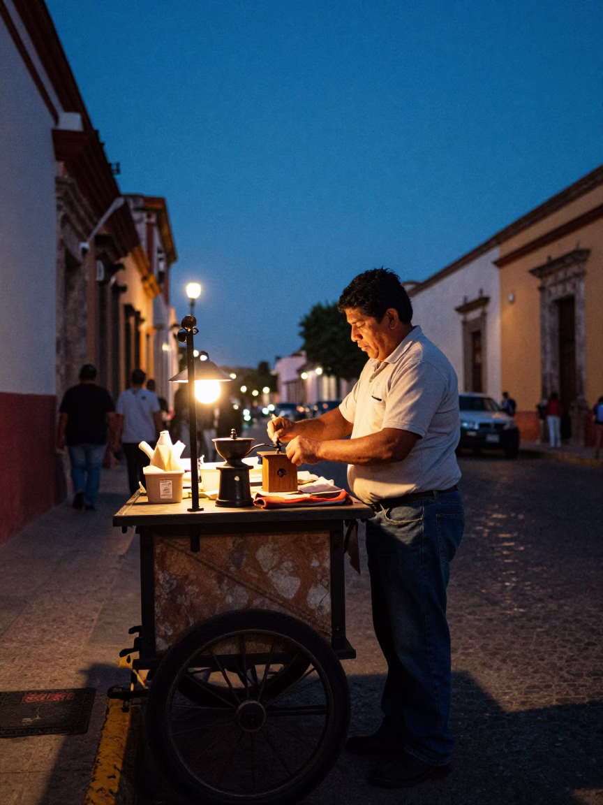 Twilight Street Scene in Oaxaca Mexico with Vintage Coffee Grinder and Mezcal Bar in in Oaxaca, Mexico