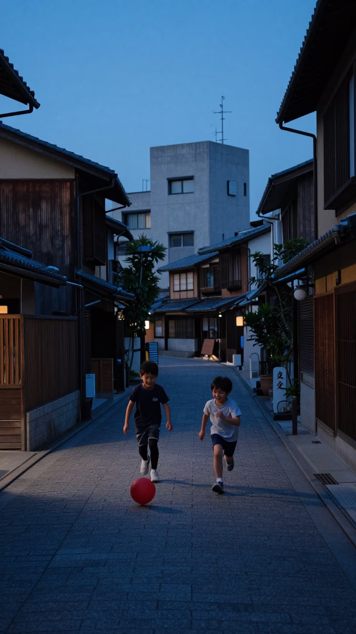 Twilight Street Scene in Osaka Japan with Children Playing and Local Architecture in in Osaka, Japan