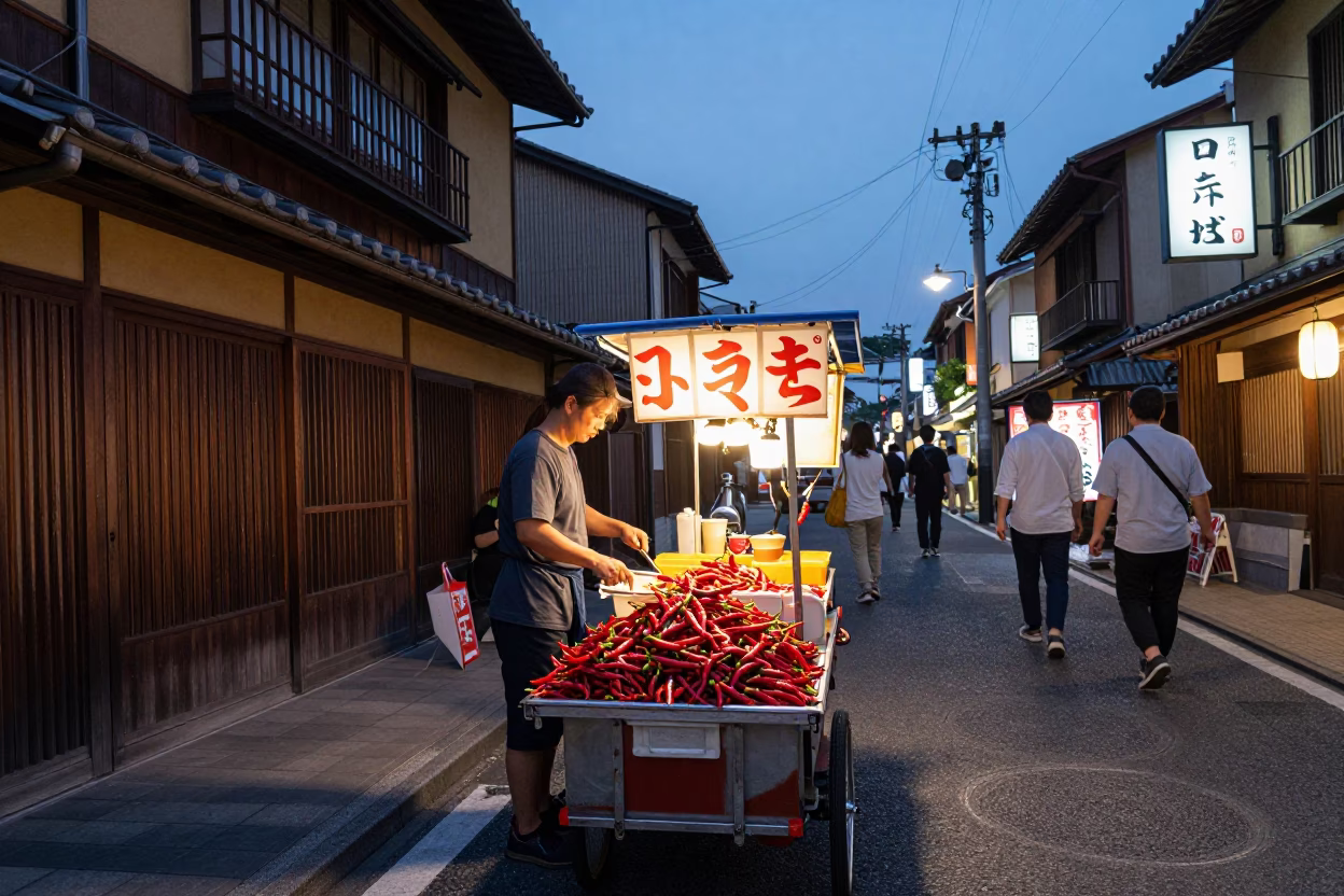 Twilight Street Scene in Osaka Japan with Chili Peppers and Neon Signs in in Osaka, Japan