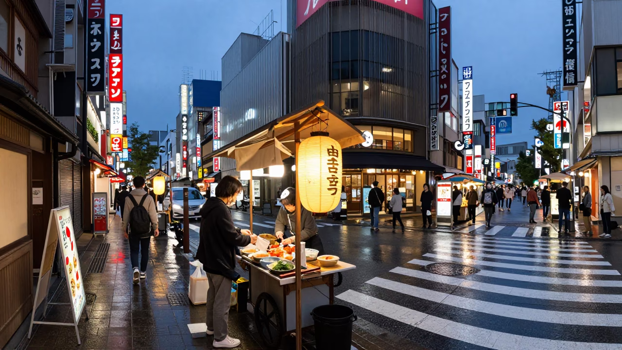 Twilight Street Scene in Osaka Japan with Lantern and Urban Activity in in Osaka, Japan