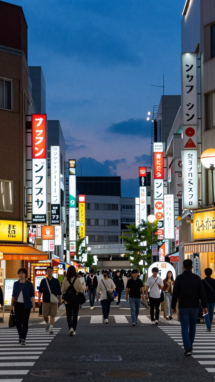 Twilight Street Scene in Osaka Japan with Neon Lights and Pedestrians in in Osaka, Japan