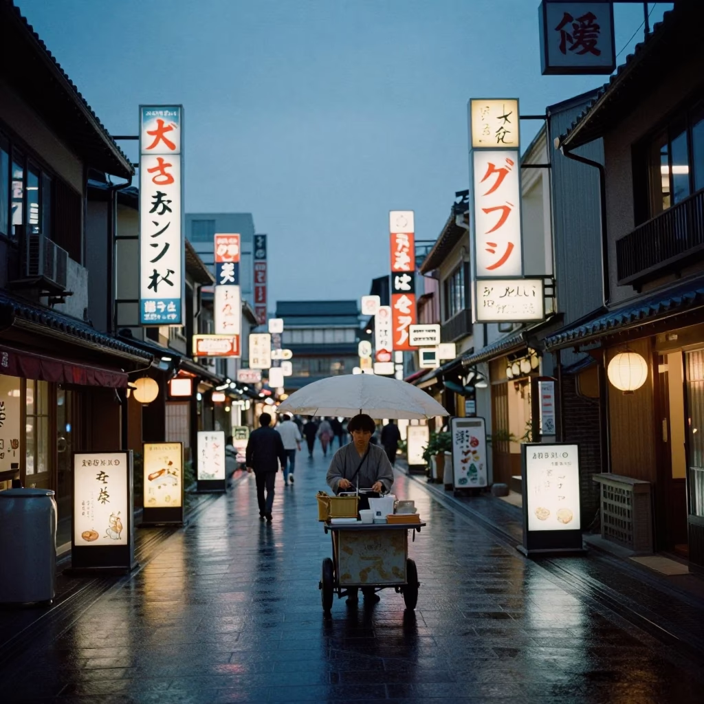 Twilight Street Scene in Osaka Japan with Neon Signs and Traditional Porcelain in in Osaka, Japan