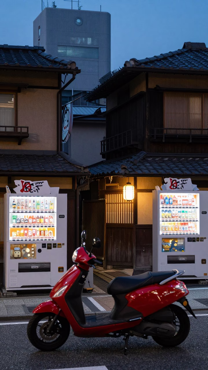 Twilight Street Scene in Osaka Japan with Scooter and Urban Details in in Osaka, Japan