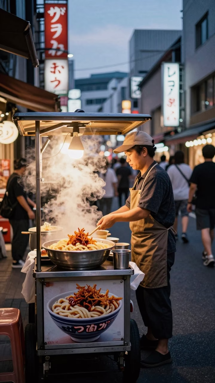 Twilight Street Scene in Osaka Japan with Udon Bowl and Chili Peppers in in Osaka, Japan