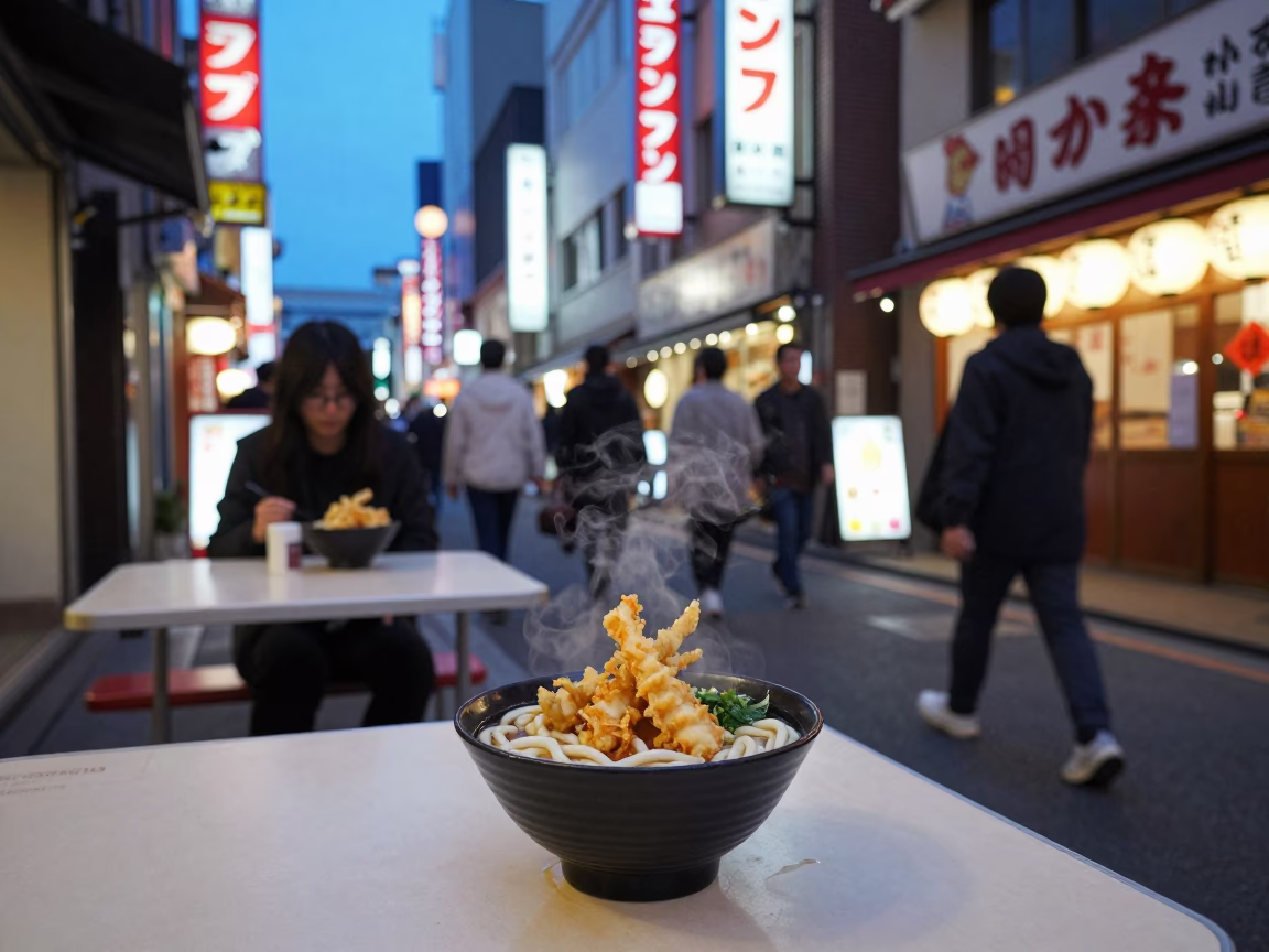 Twilight Street Scene in Osaka Japan with Udon Bowl and Neon Signage in in Osaka, Japan