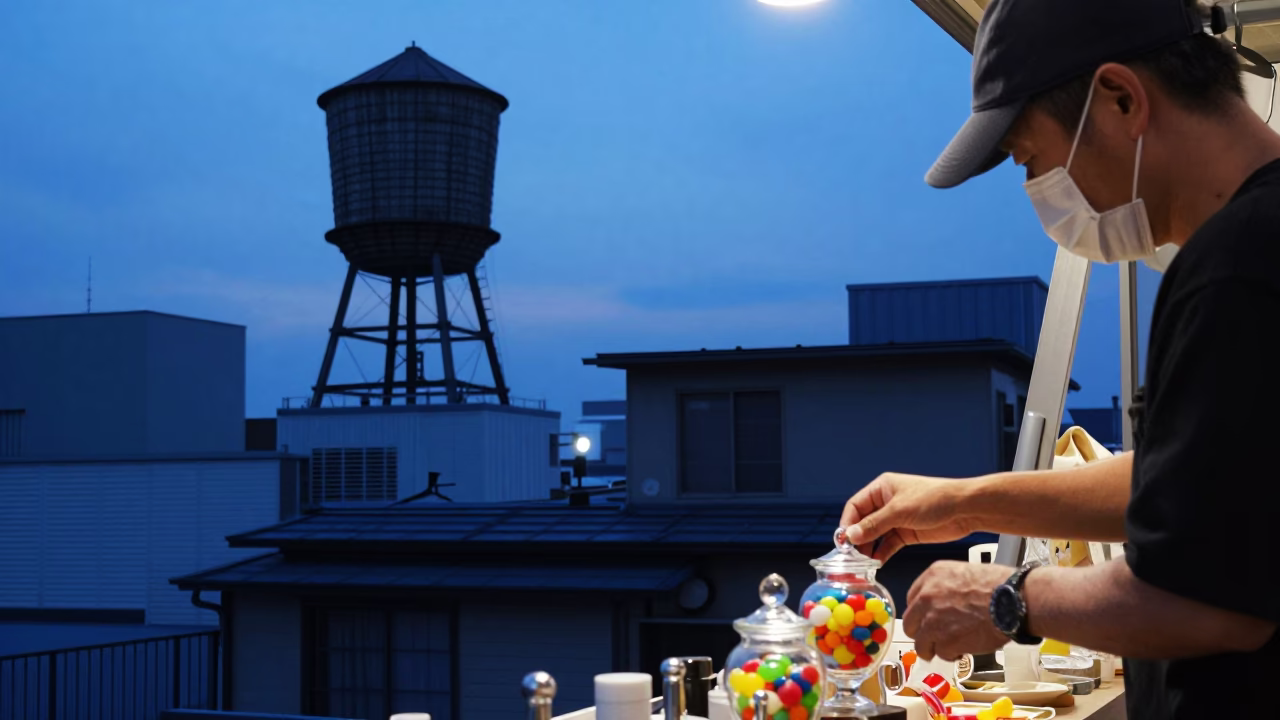 Twilight street scene in Osaka Japan with water tower rooftop and cargo ship horizon in in Osaka, Japan