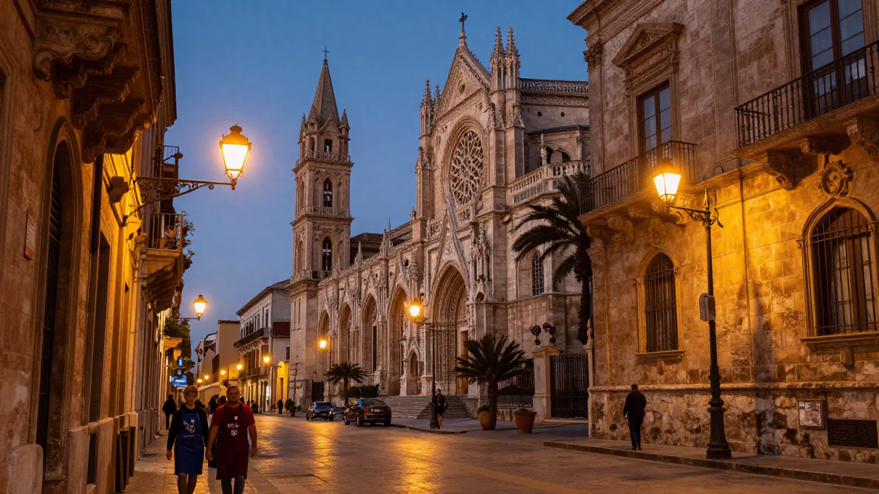 Twilight Street Scene in Palermo Italy with Aprons and Gothic Architecture in in Palermo, Italy