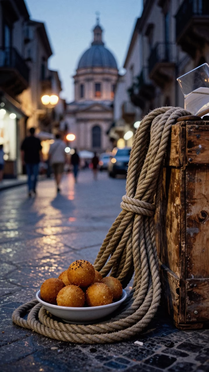Twilight Street Scene in Palermo Italy with Arancini and Coiled Rope in in Palermo, Italy