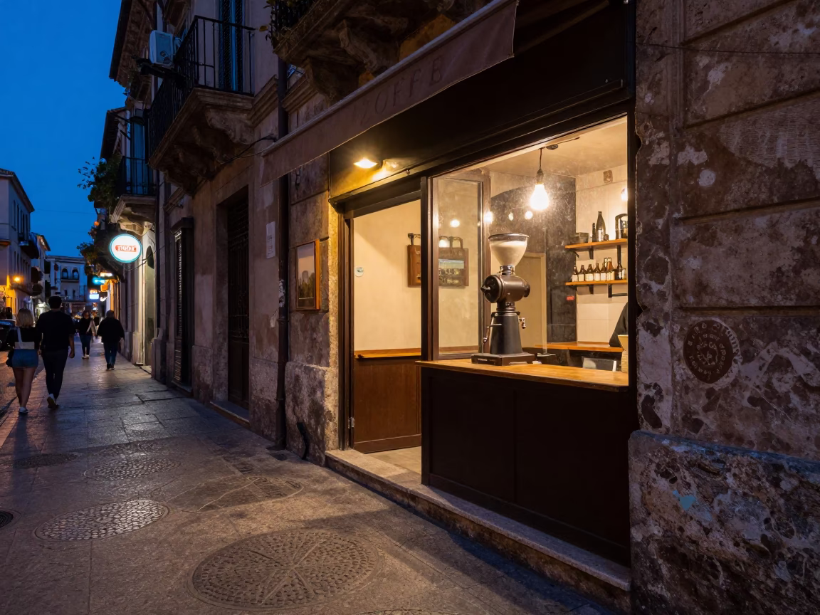 Twilight Street Scene in Palermo Italy with Coffee Shop Exterior and Urban Life in in Palermo, Italy