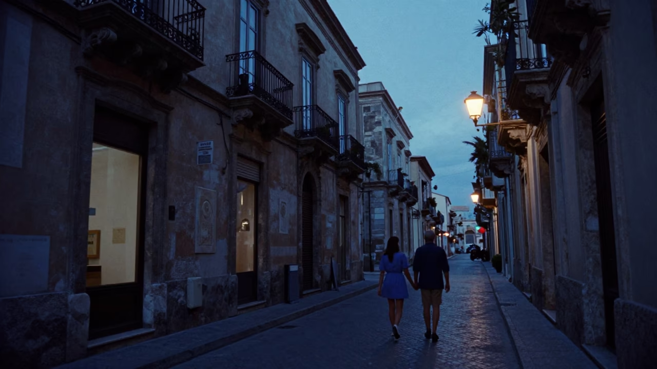 Twilight street scene in Palermo Italy with couple walking and glass tumbler in in Palermo, Italy