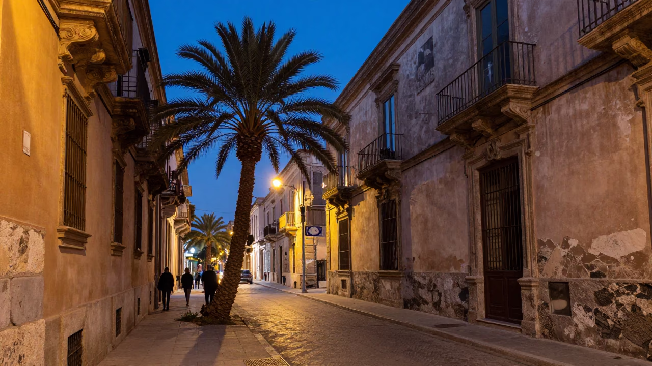 Twilight Street Scene in Palermo Italy with Date Palm and Urban Details in in Palermo, Italy