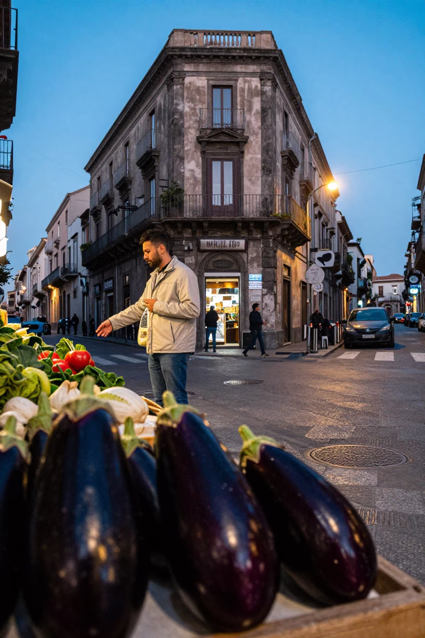 Twilight Street Scene in Palermo Italy with Eggplants and Brushed Steel Rim Detail in in Palermo, Italy
