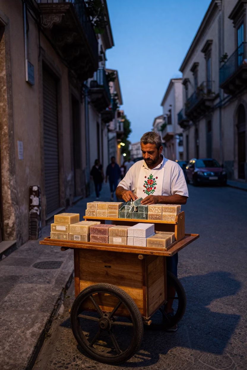 Twilight Street Scene in Palermo Italy with Embroidered Thread and Bar Soap in in Palermo, Italy