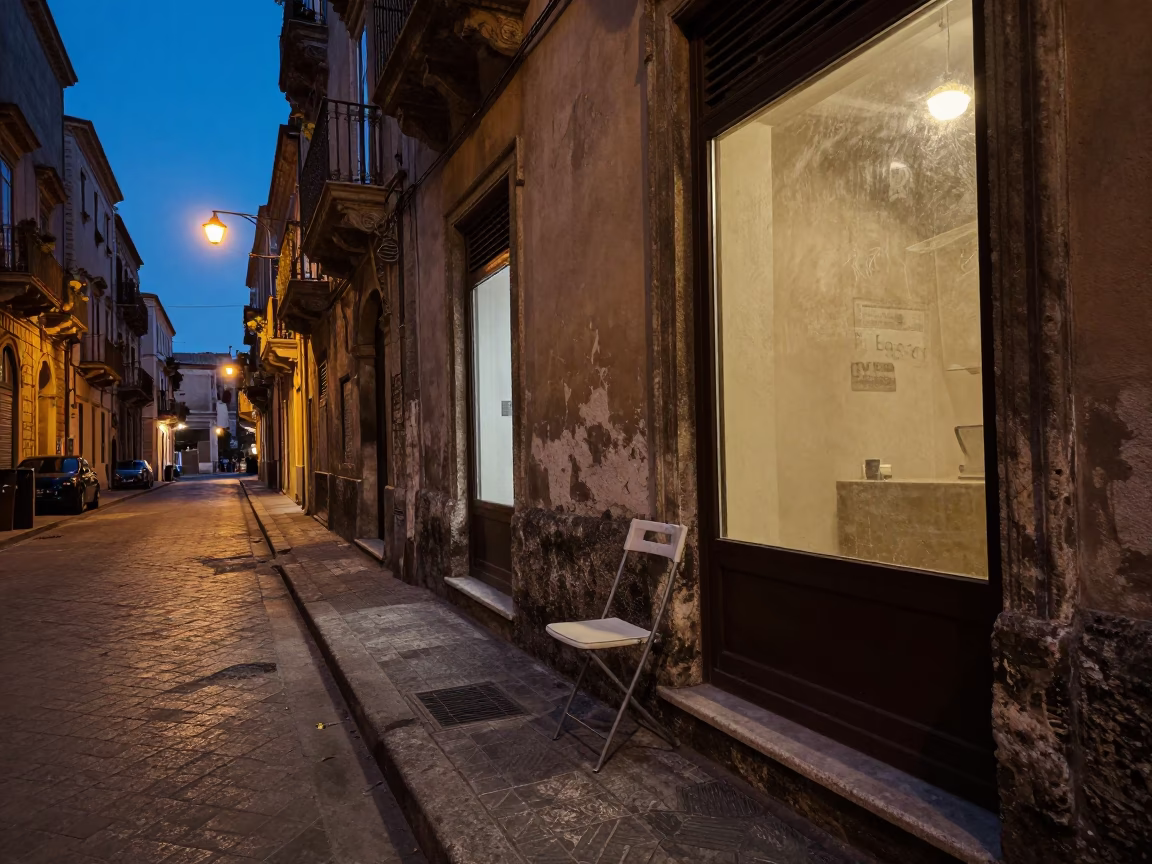 Twilight Street Scene in Palermo Italy with Folding Chair and Window Smudges in in Palermo, Italy