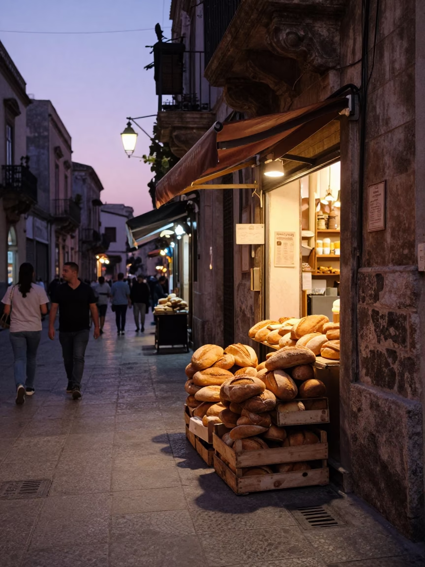 Twilight Street Scene in Palermo Italy with Fresh Bread Loaves and Busy Market Atmosphere in in Palermo, Italy
