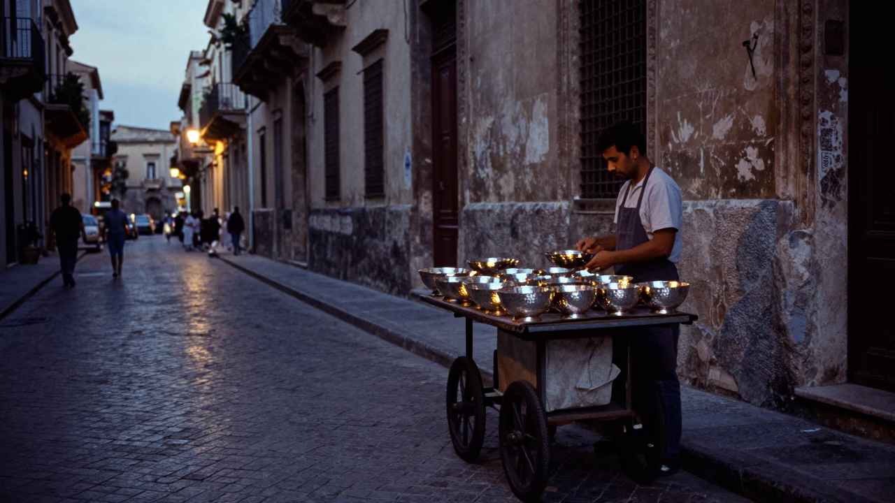 Twilight Street Scene in Palermo Italy with Hammered Metal Light Reflections in in Palermo, Italy