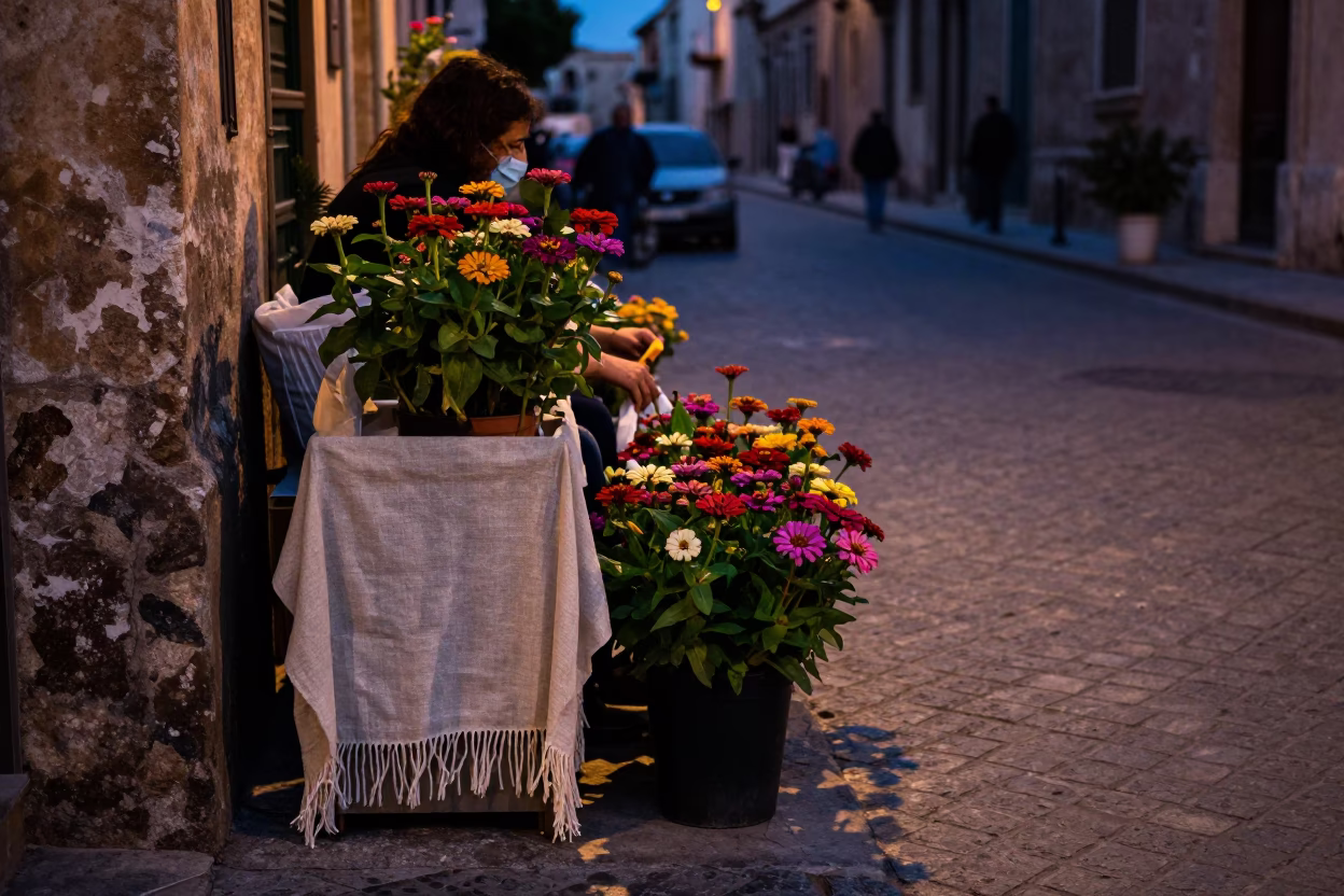 Twilight Street Scene in Palermo Italy with Linen Fringe and Zinnias in in Palermo, Italy