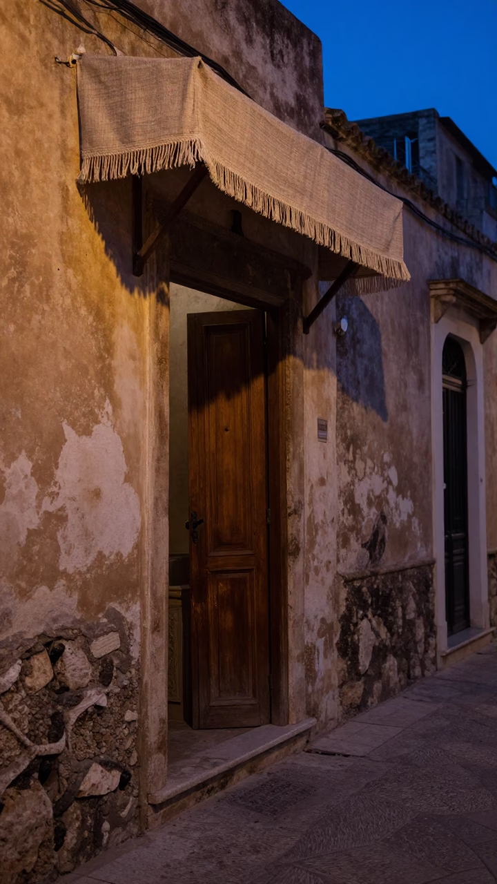 Twilight Street Scene in Palermo Italy with Linen Fringe Doorframe and Taper Candle in in Palermo, Italy
