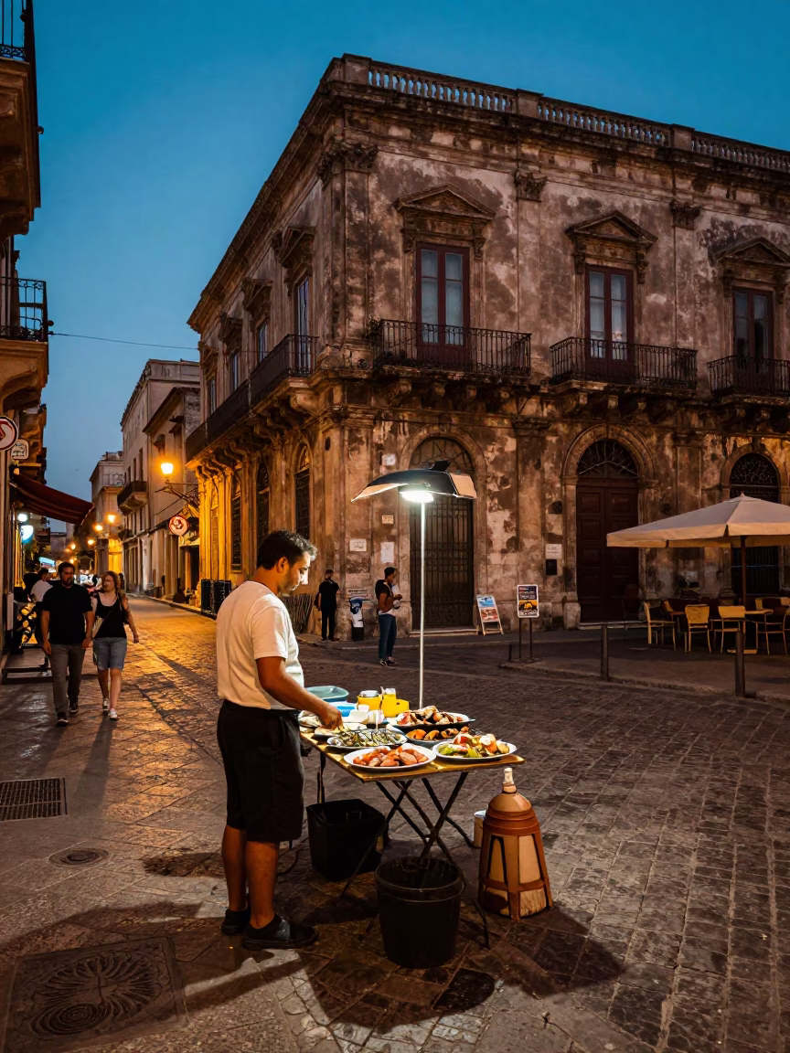 Twilight Street Scene in Palermo Italy with Local Dining and Urban Details in in Palermo, Italy