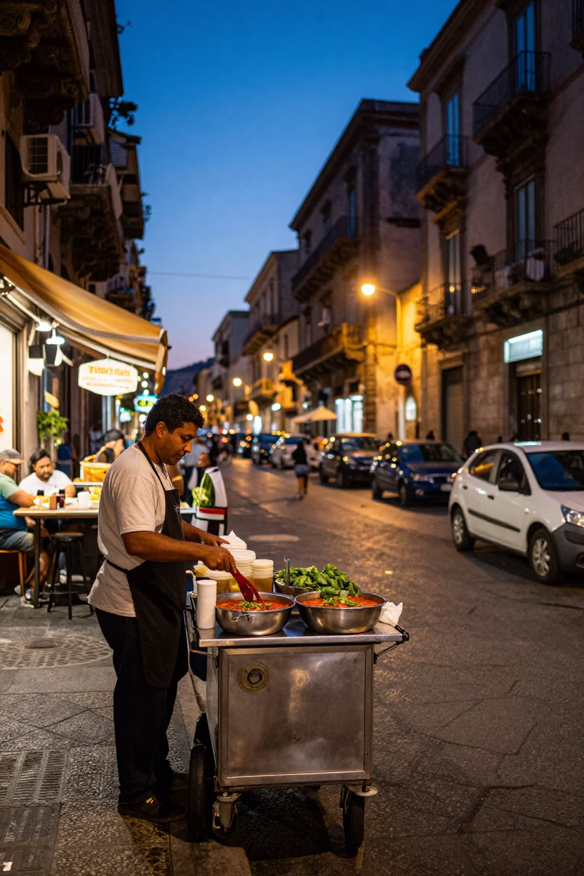 Twilight Street Scene in Palermo Italy with Minestrone Basil and Tongs in in Palermo, Italy
