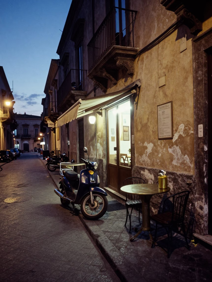 Twilight Street Scene in Palermo Italy with Motorcycle and Brass Table in in Palermo, Italy