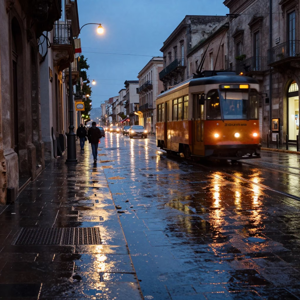 Twilight street scene in Palermo Italy with rain puddles and tram reflections on cobblestones in in Palermo, Italy