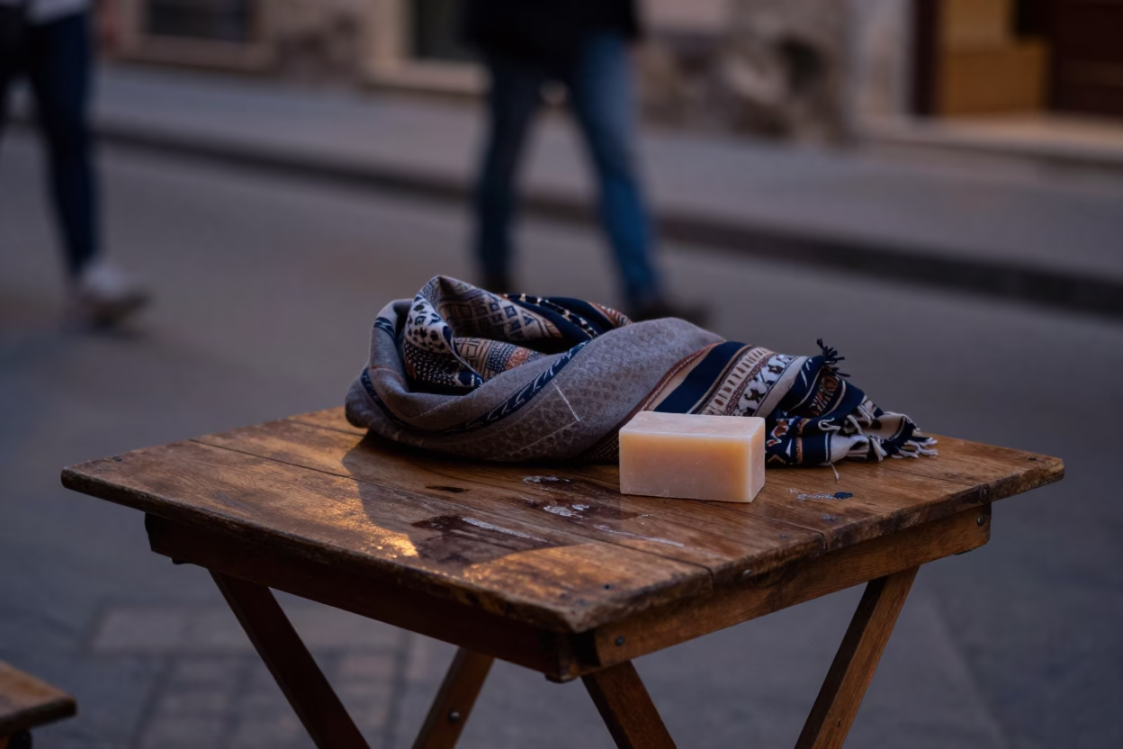 Twilight Street Scene in Palermo Italy with Scarf and Bar Soap on Wooden Table in in Palermo, Italy
