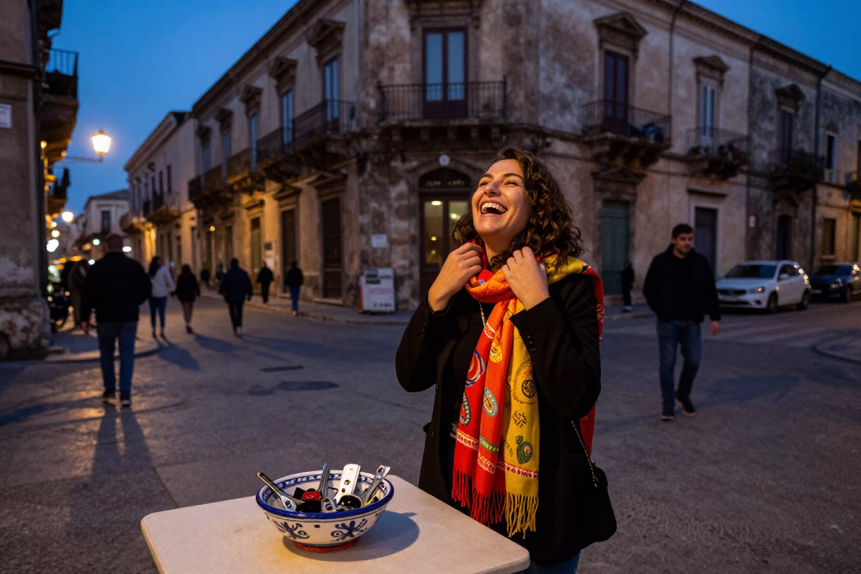 Twilight Street Scene in Palermo Italy with Scarf and Key Bowl Details in in Palermo, Italy
