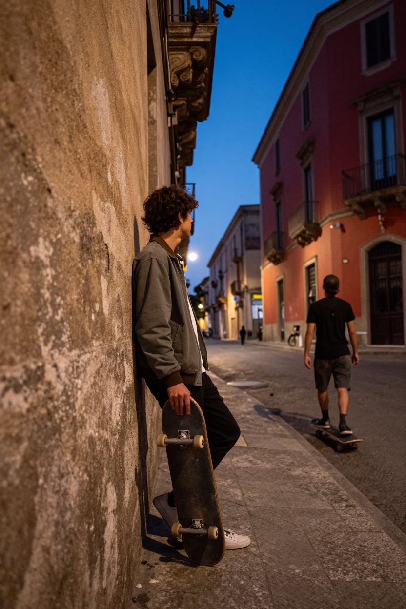 Twilight Street Scene in Palermo Italy With Skateboarder and Vintage Red Car in in Palermo, Italy