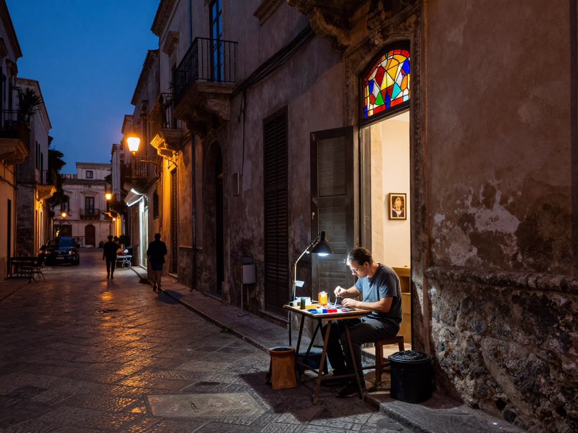 Twilight Street Scene in Palermo Italy with Stained Glass Artisan and Utensil Crocks in in Palermo, Italy