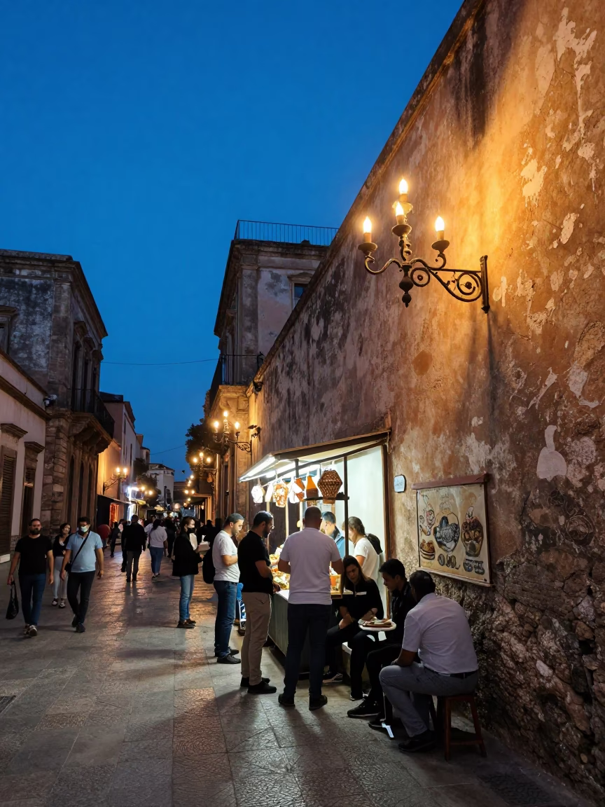 Twilight Street Scene in Palermo Italy with Traditional Candelabra and Local Architecture in in Palermo, Italy