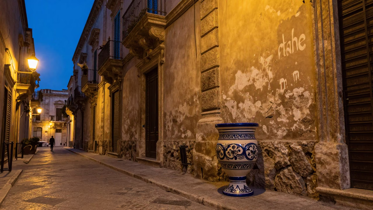 Twilight Street Scene in Palermo Italy with Traditional Ceramic Goblet and Leaf Shadows in in Palermo, Italy