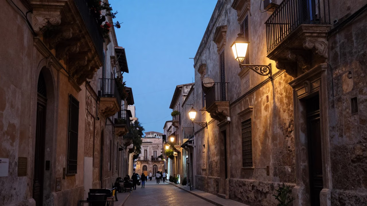 Twilight Street Scene in Palermo Italy with Traditional Tambourine and Local Life in in Palermo, Italy