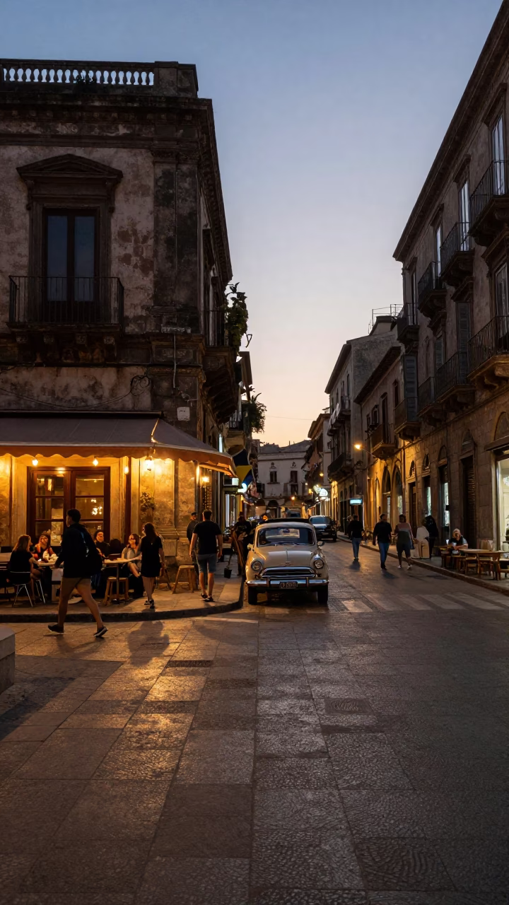 Twilight Street Scene in Palermo Italy with Vintage Car and Local Life in in Palermo, Italy