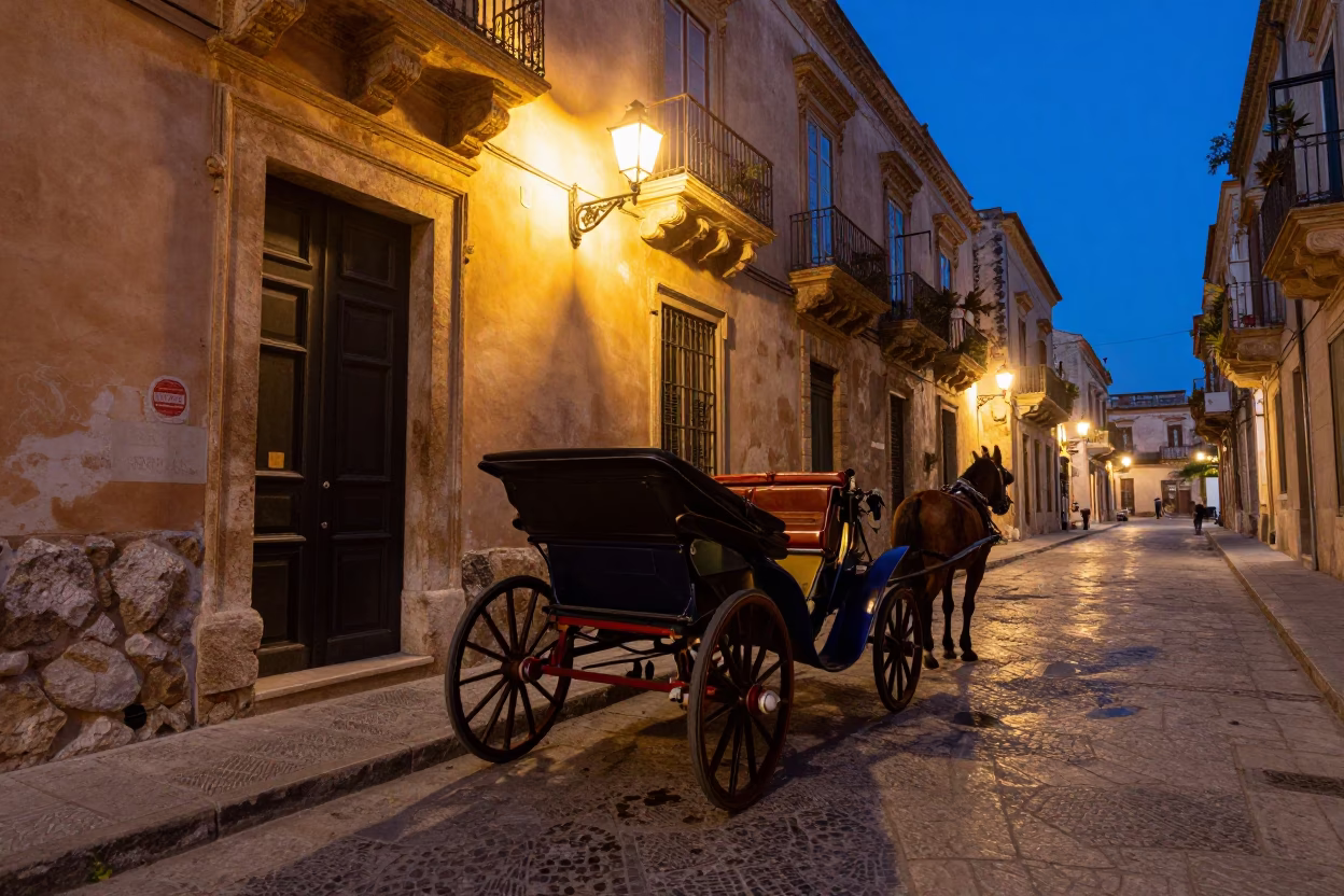 Twilight Street Scene in Palermo Italy with Vintage Carriage and Lantern in in Palermo, Italy