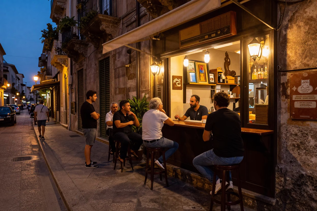 Twilight Street Scene in Palermo Italy with Vintage Radio and Glass Tumbler in in Palermo, Italy