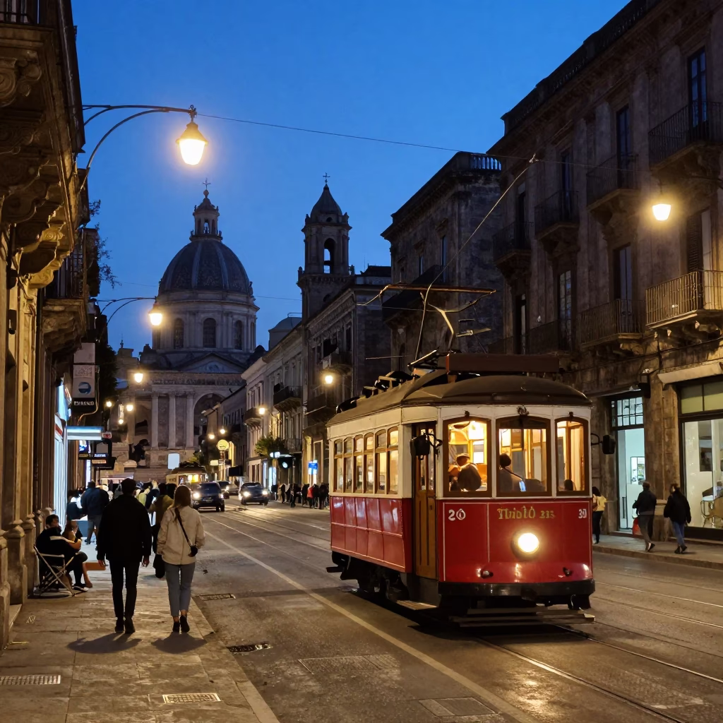 Twilight Street Scene in Palermo Italy with Vintage Trams and Lanterns in in Palermo, Italy