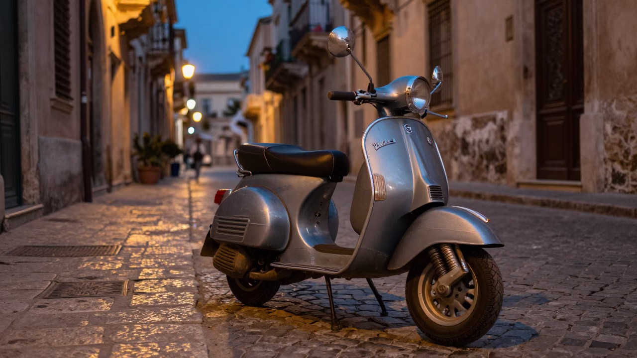 Twilight Street Scene in Palermo Italy with Vintage Vespa and Cobblestone Lane in in Palermo, Italy
