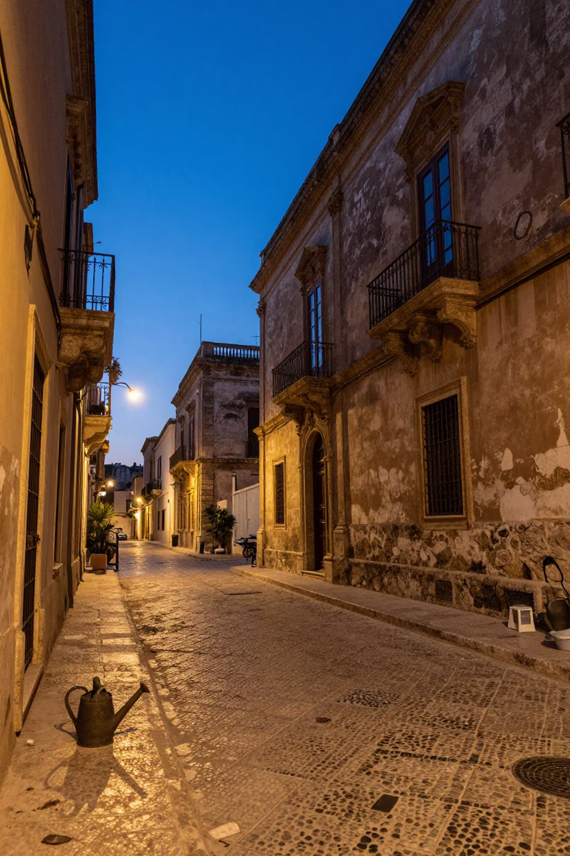 Twilight Street Scene in Palermo Italy with Watering Jug and Local Life in in Palermo, Italy