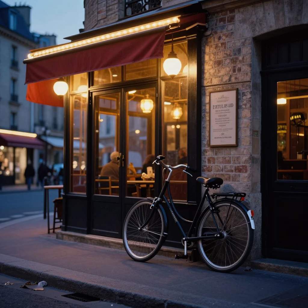 Twilight Street Scene in Paris France with Bicycle Leaning Against Cafe and Urban Details in in Paris, France