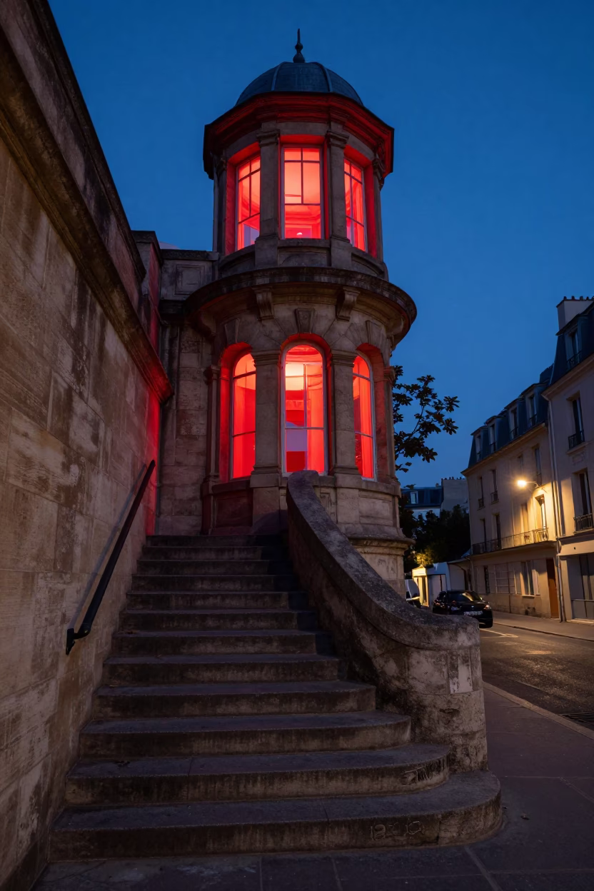 Twilight Street Scene in Paris France with Red Observatory Stairwell Lighting in in Paris, France