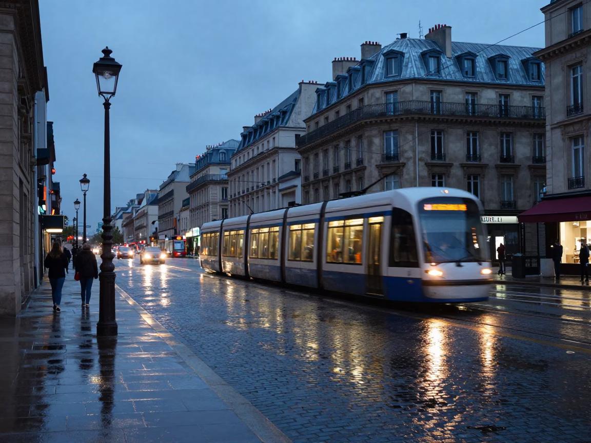 Twilight Street Scene in Paris France with Tram Reflections on Wet Cobblestones in in Paris, France
