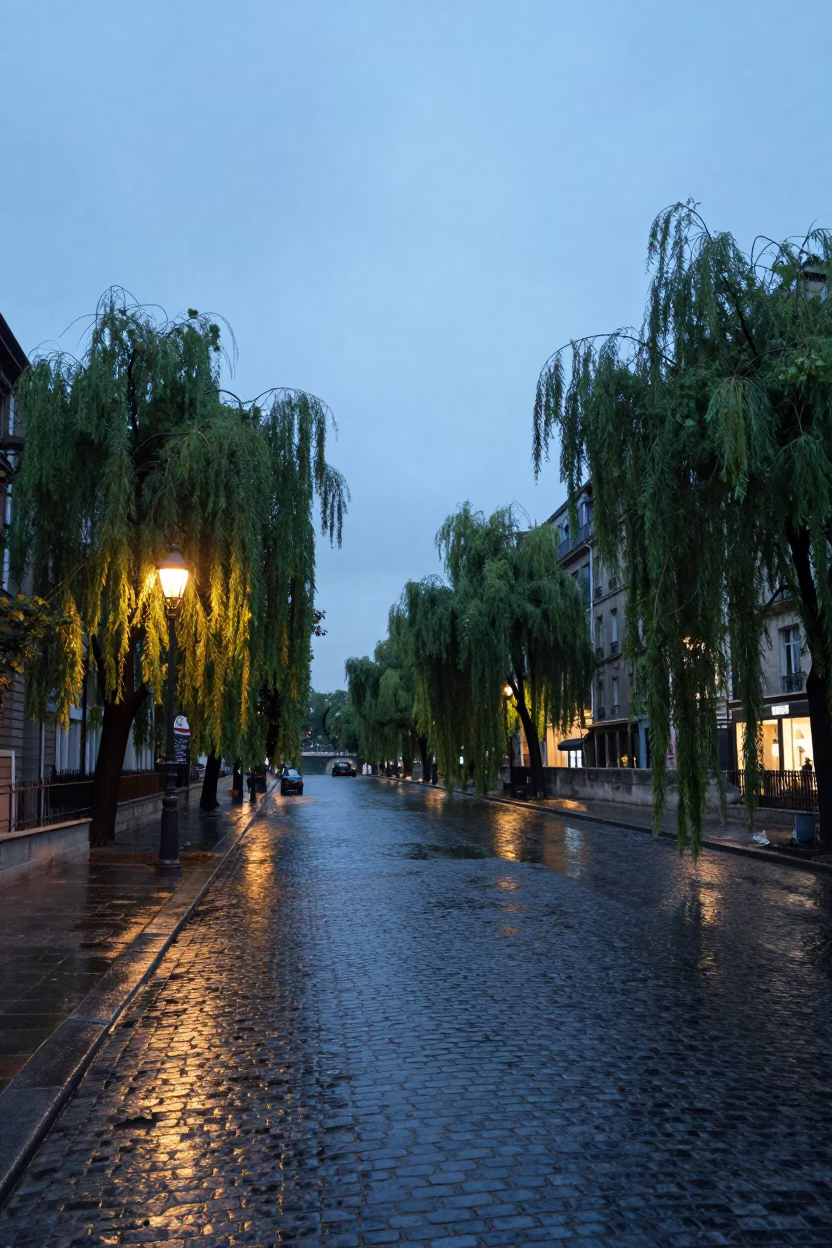 Twilight Street Scene in Paris France with Willows and Urban Architecture in in Paris, France